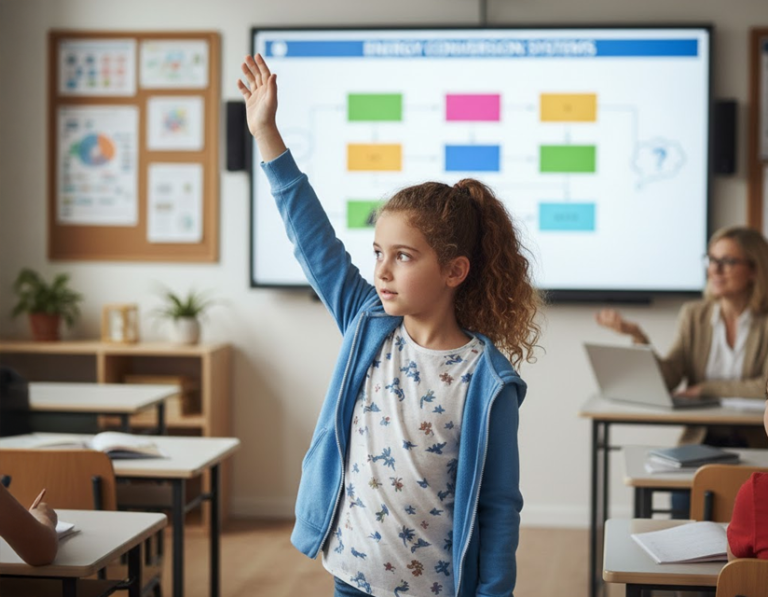Mädchen stellt eine Frage im Klassenzimmer mit Touchdisplay Whiteboard, einer digitalen Schultafel